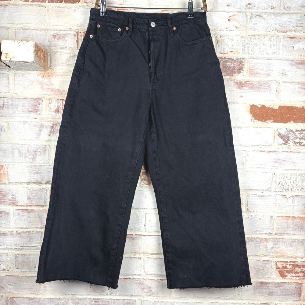 Buck Mason Jet Set Jean Black Wide Leg Cropped Raw Hem 100% Cotton Women Size 30